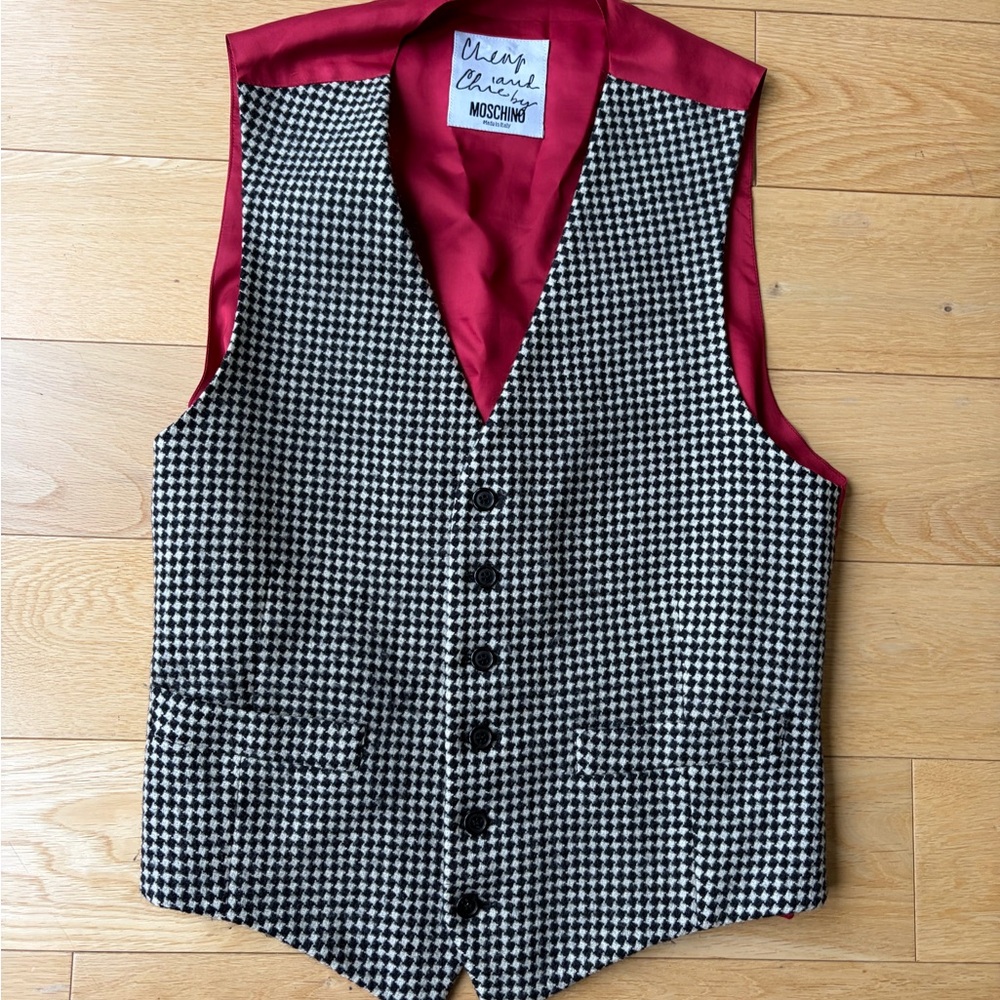 Moschino Houndstooth Vest with Vibrant Red Lining